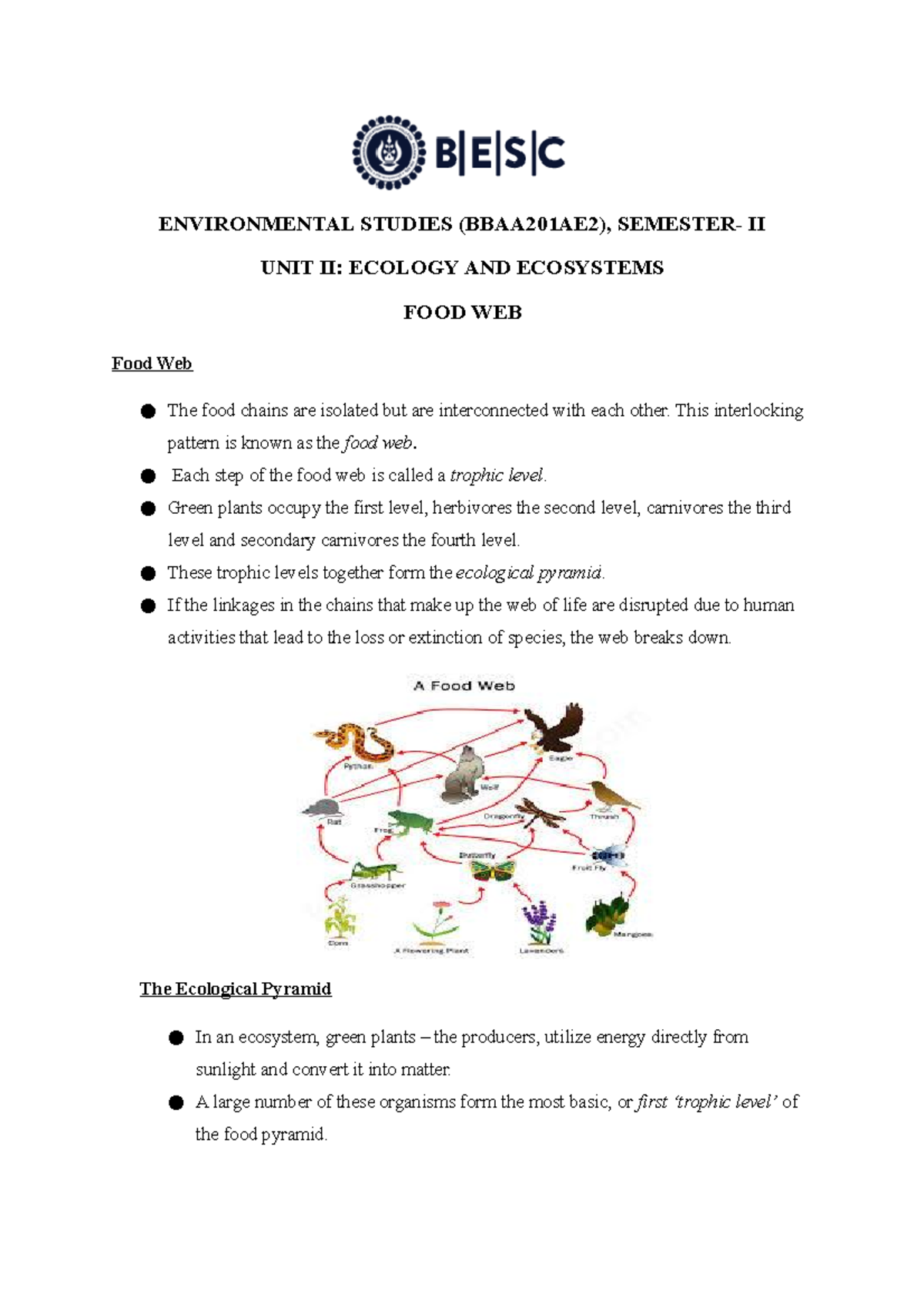 Environmental Studies ENVIRONMENTAL STUDIES (BBAA201AE2), SEMESTER II UNIT II ECOLOGY AND