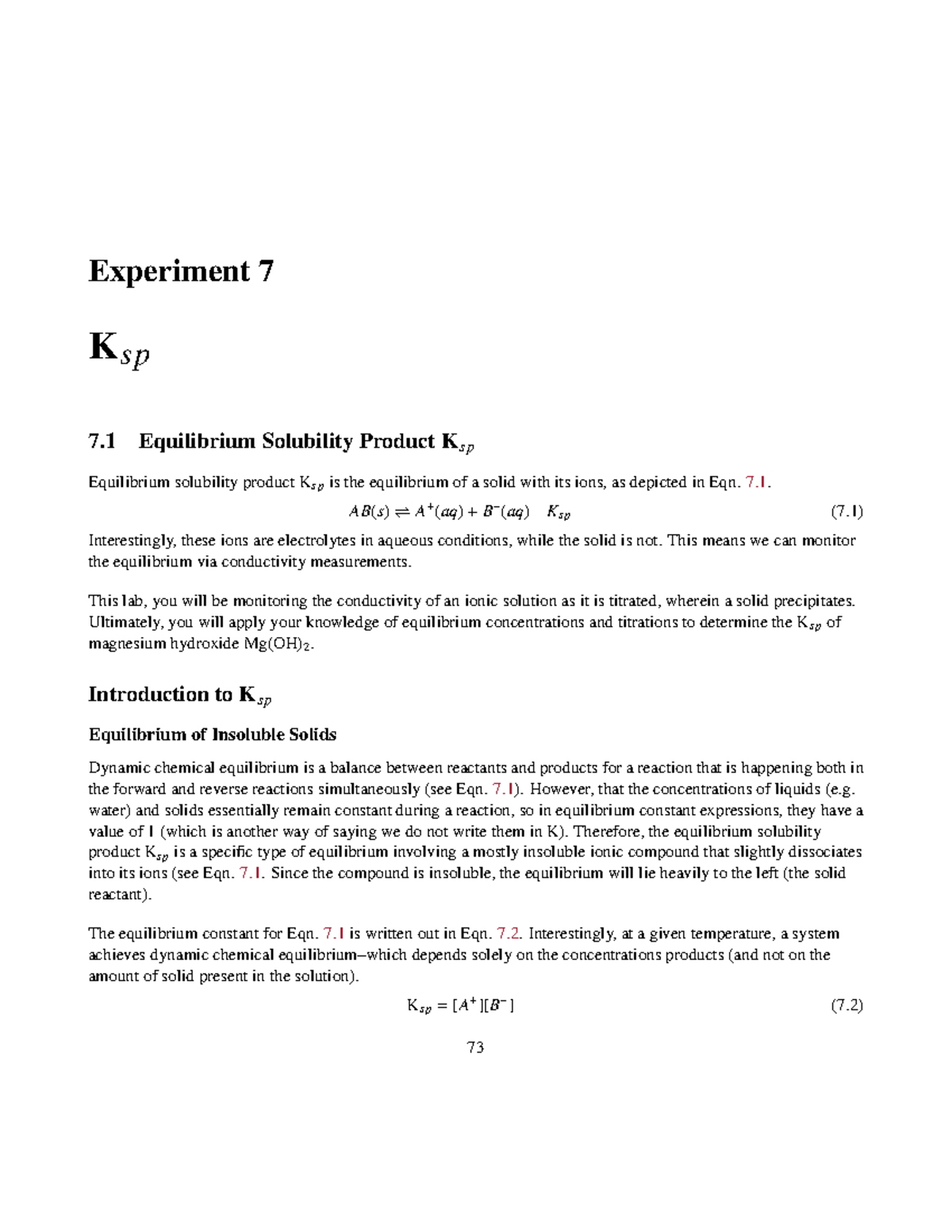 Lab Requirements Experiment 7 K Sp 7 Equilibrium Solubility Product K Sp Equilibrium 4071