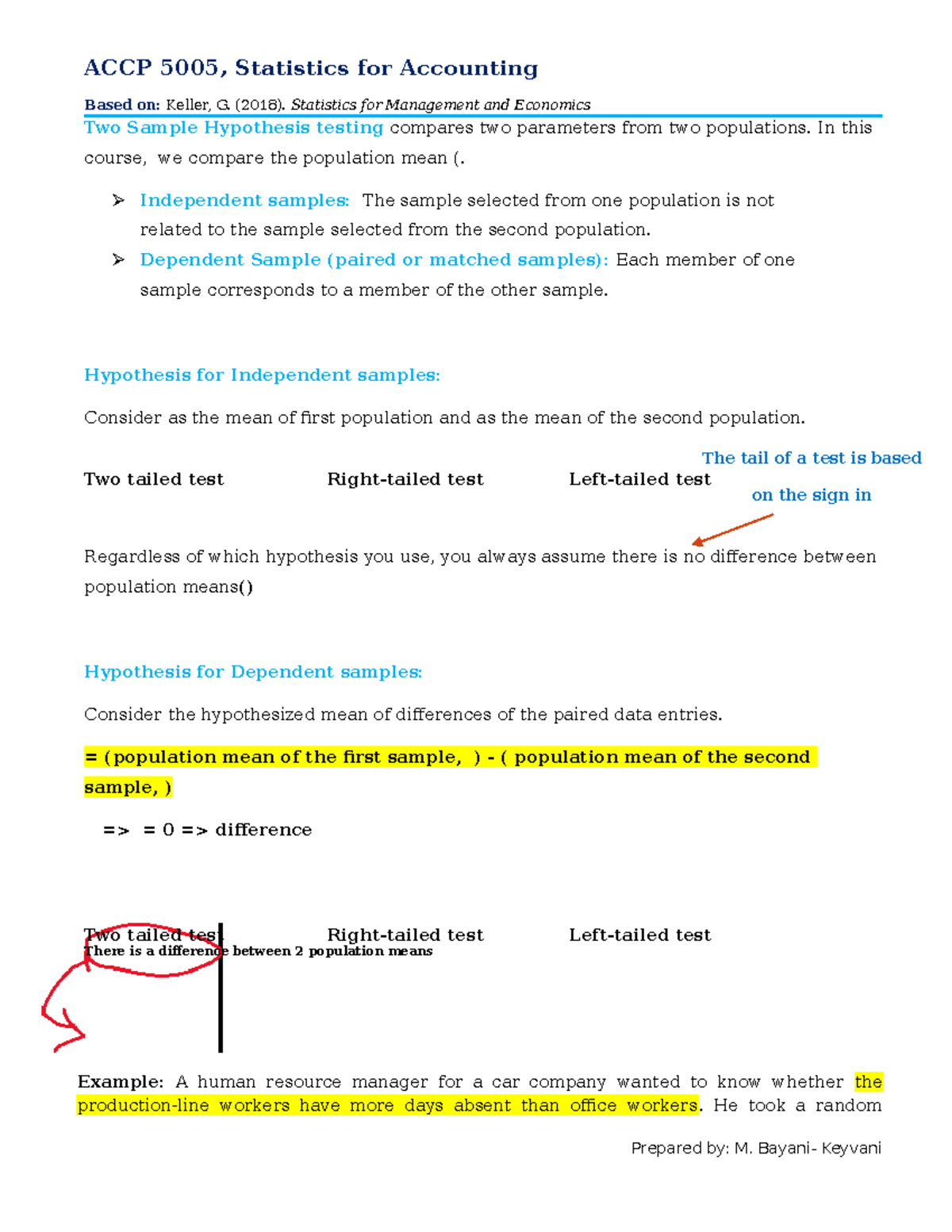 chapternotes-9hypothesistestingtwosamples - ACCP 5005, Statistics for ...