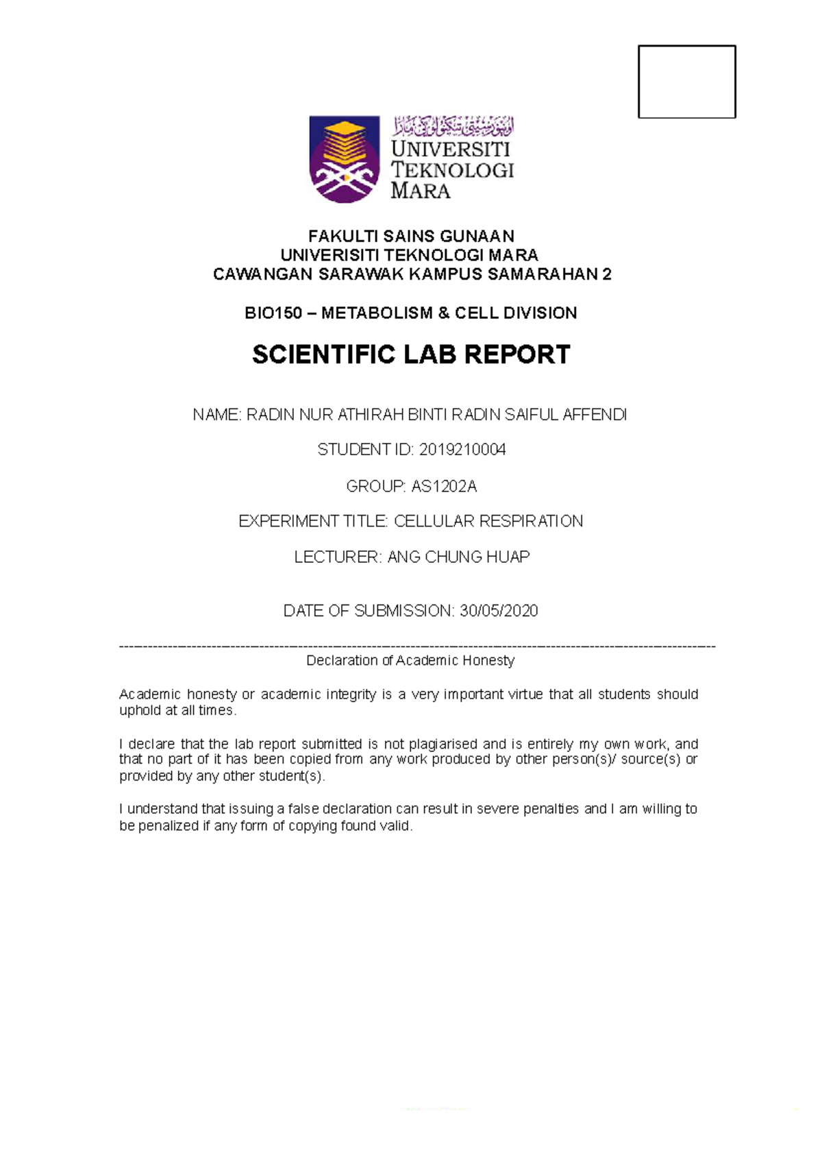 Bio Lab Report Cellular Respiration References 3 - FAKULTI SAINS GUNAAN ...