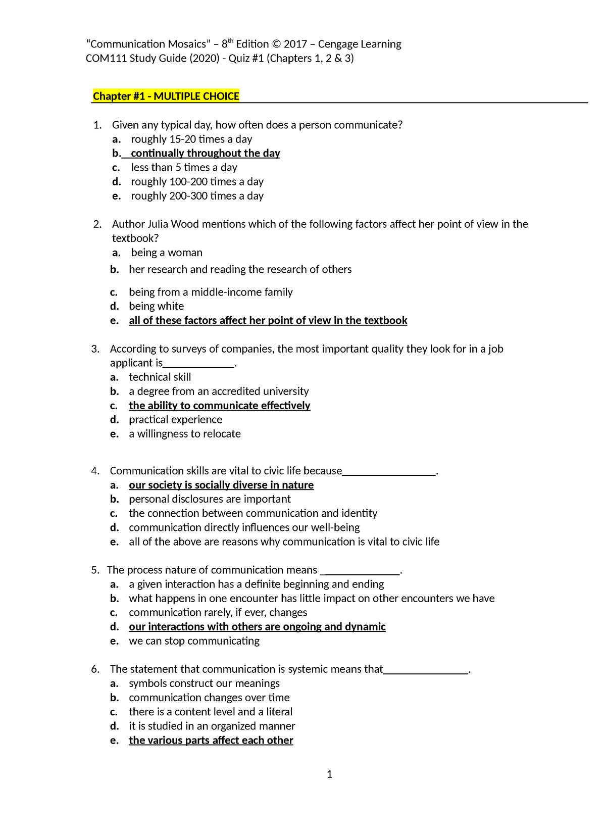 Study Guide Quiz 1 COM111 2020 Communication Mosaics 8th - COM111 Study ...