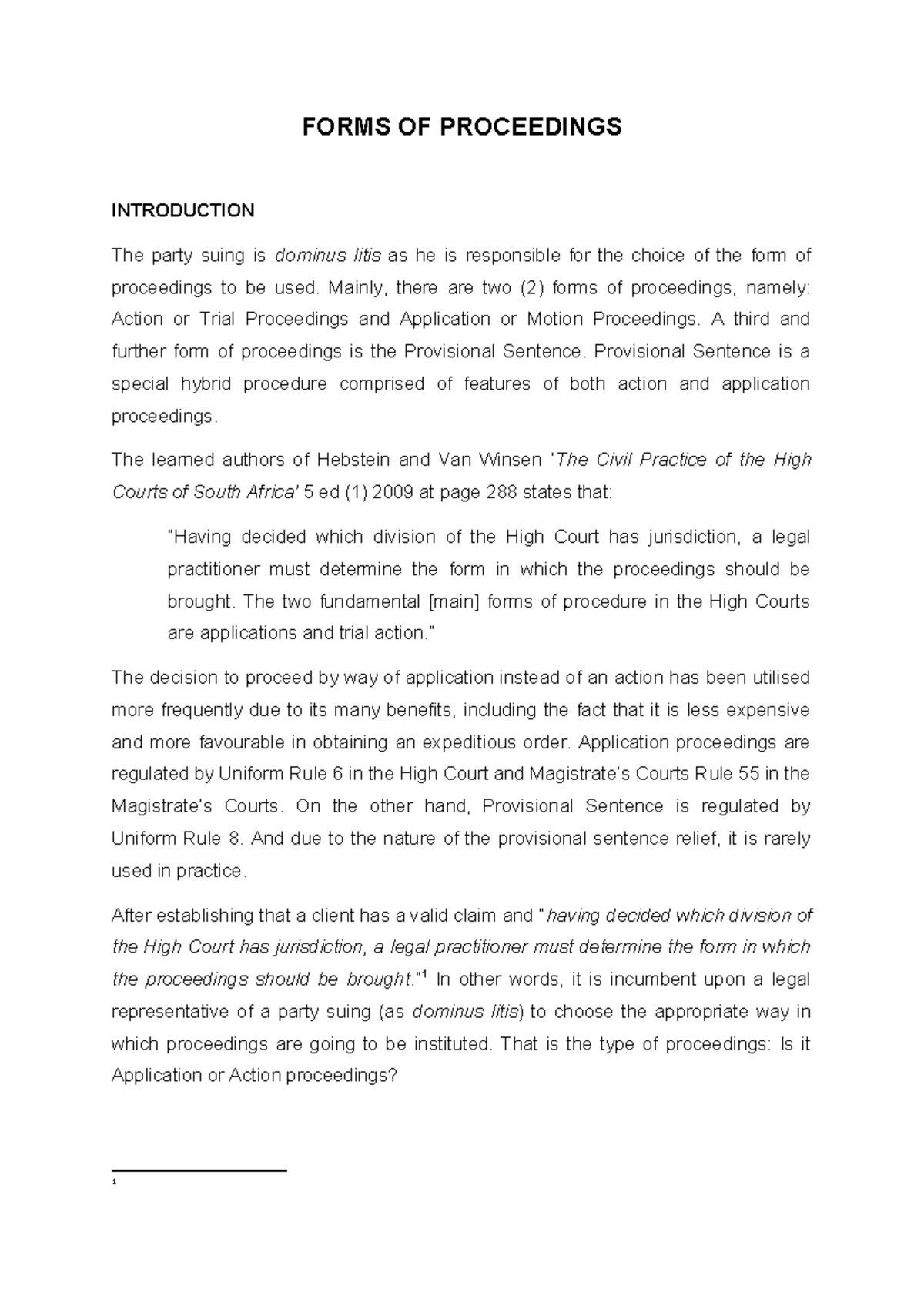 Forms OF Proceedings - Summary Civil Procedure - FORMS OF PROCEEDINGS ...