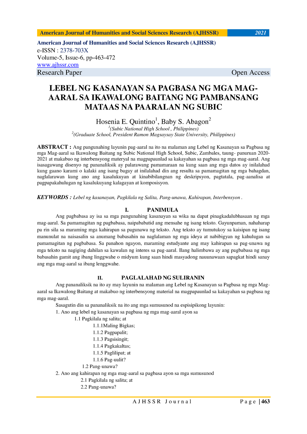 Lebel NG Kasanayan SA Pagbasa NG MGA MAG - American Journal Of ...