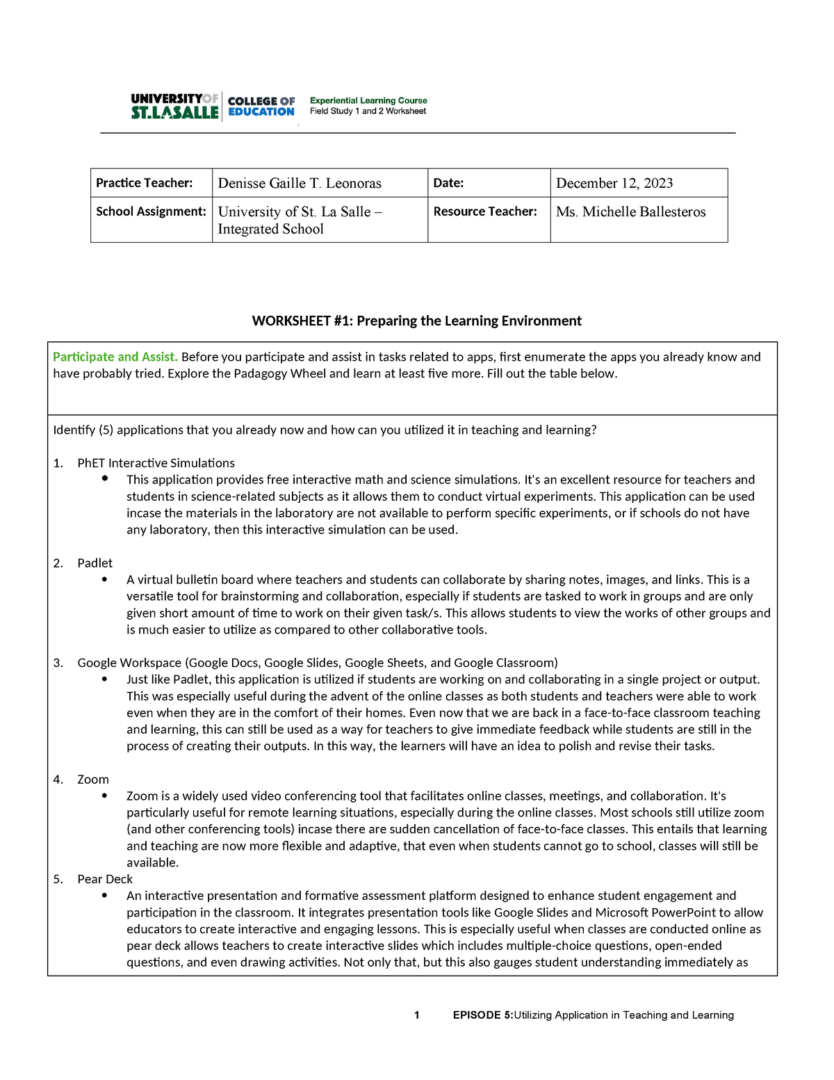 FS2 Worksheet 5 - Practice Teacher: Denisse Gaille T. Leonoras Date ...