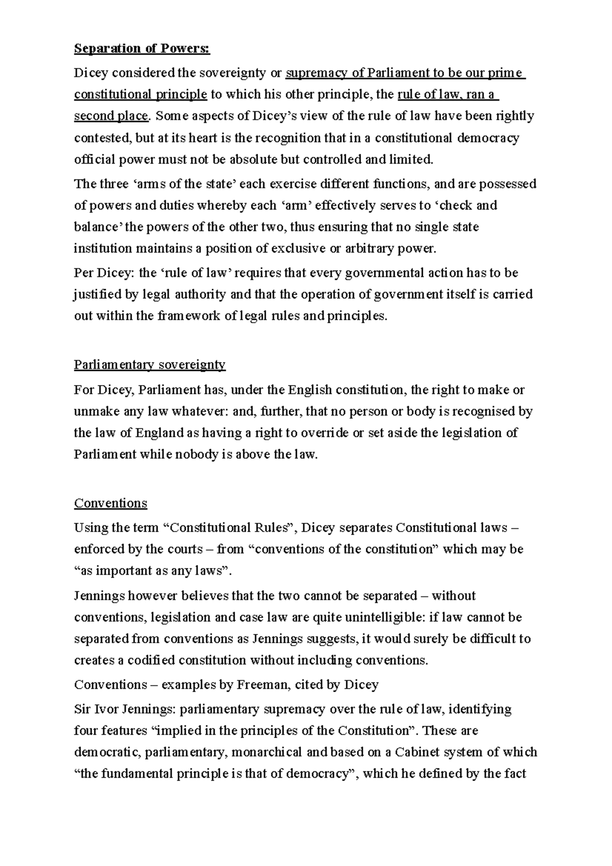 Constitution notes Separation of Powers Dicey considered the