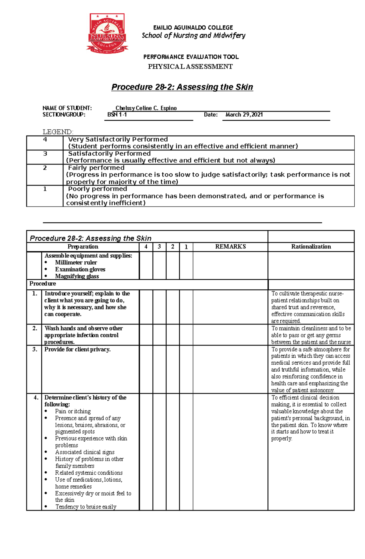 Procedure282AssessingtheSkin EMILIO AGUINALDO COLLEGE School of
