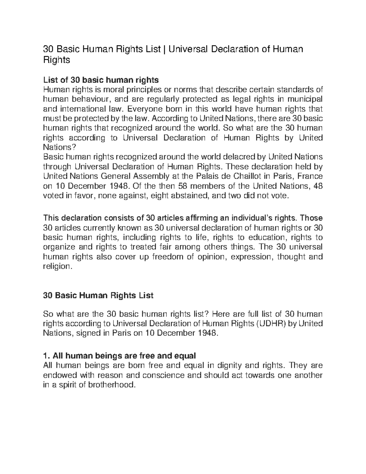 30 basic human rights list english 30 Basic Human Rights List