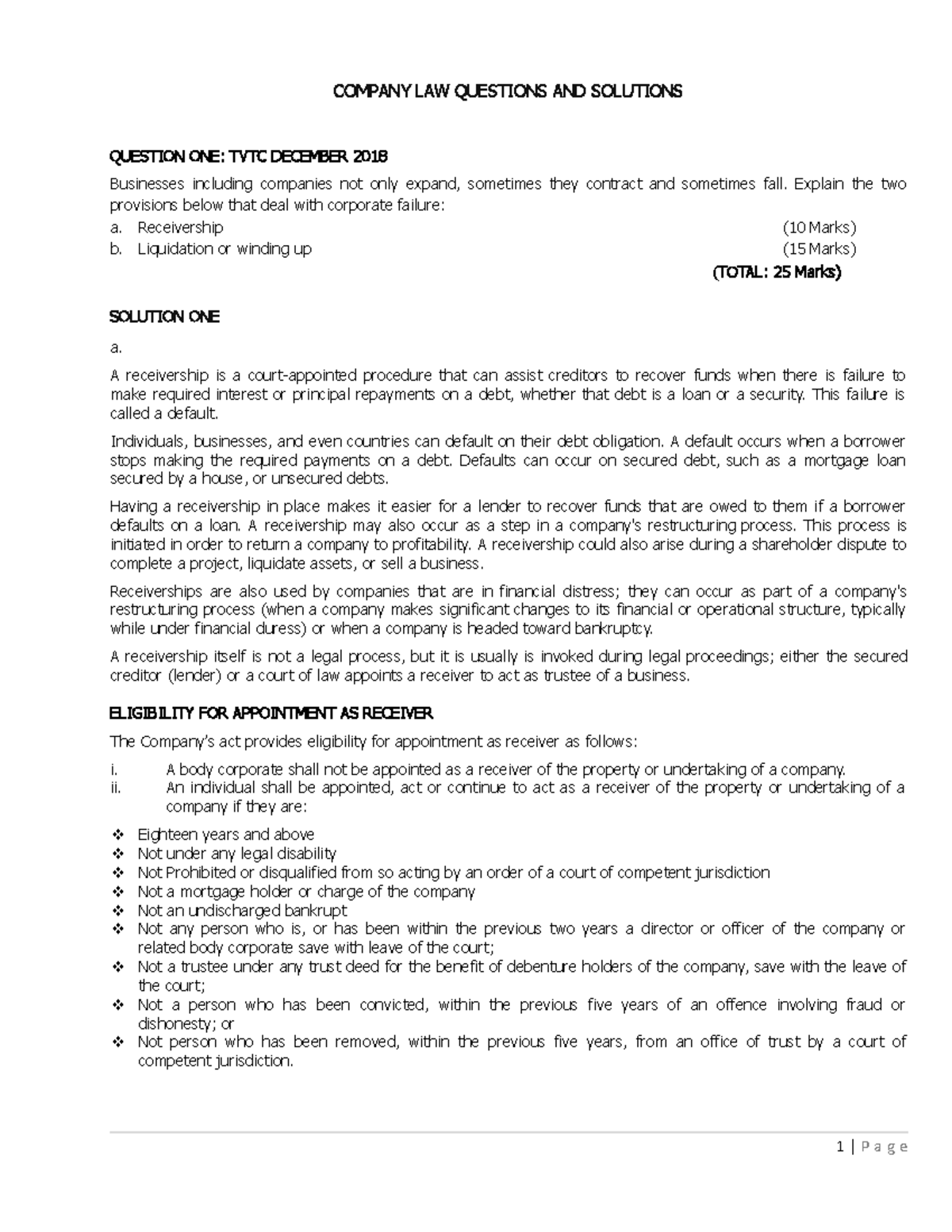 Receivership and liquidation COMPANY LAW QUESTIONS AND SOLUTIONS