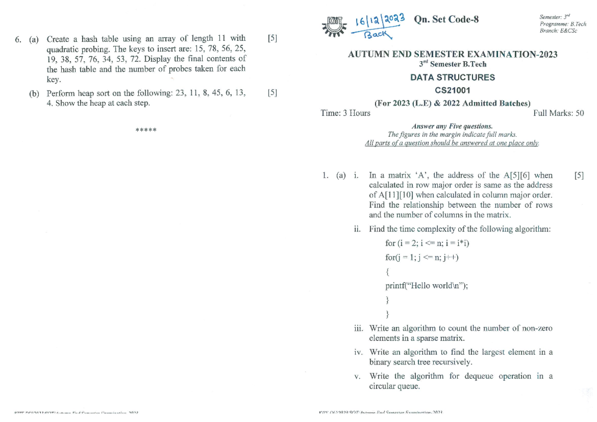 DS (CS2001 )-BACK - DSA paper - Qn. Set Semester: 3rd Programme: B ...