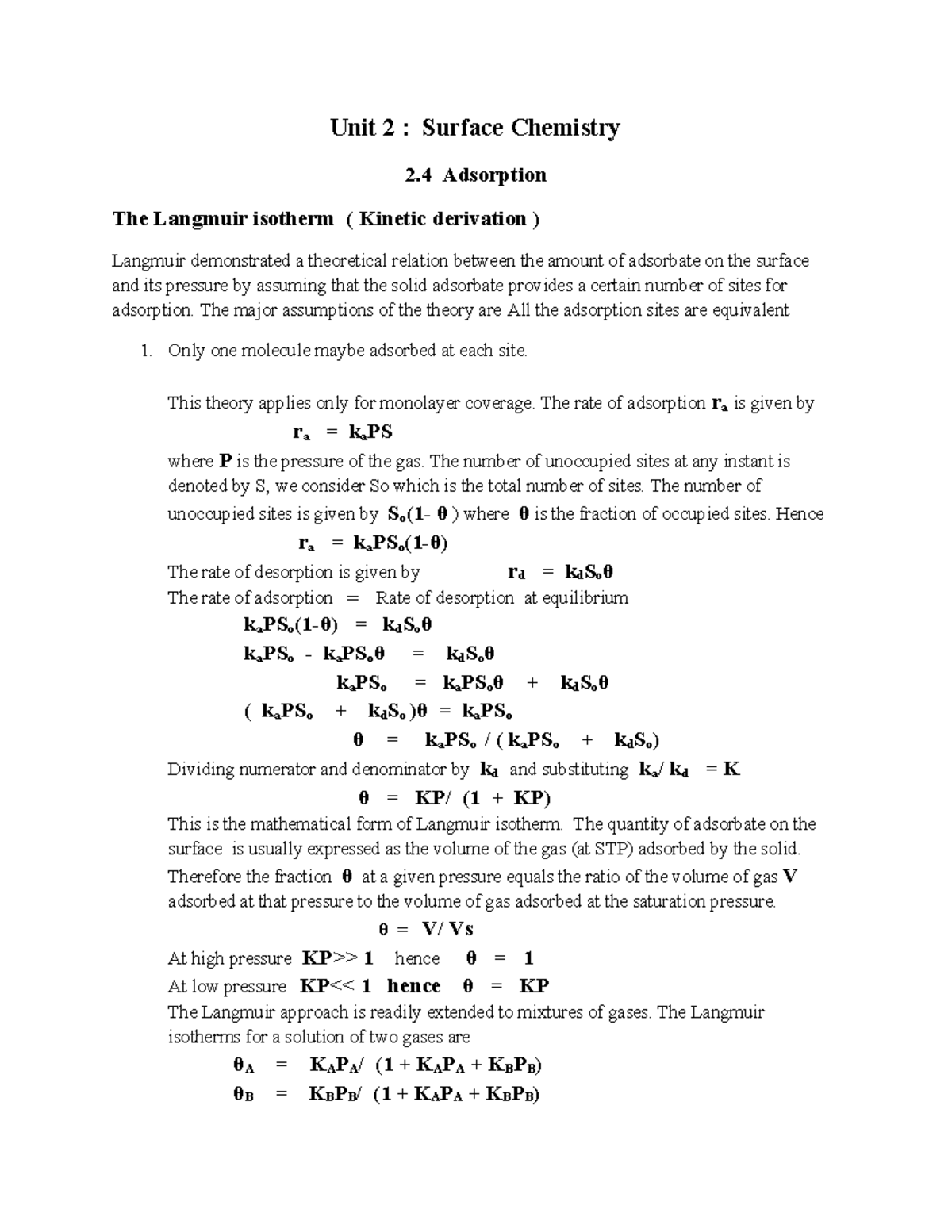 Unit 2 4 Adsorption Langmuir Isotherm Unit 2 Surface Chemistry 2