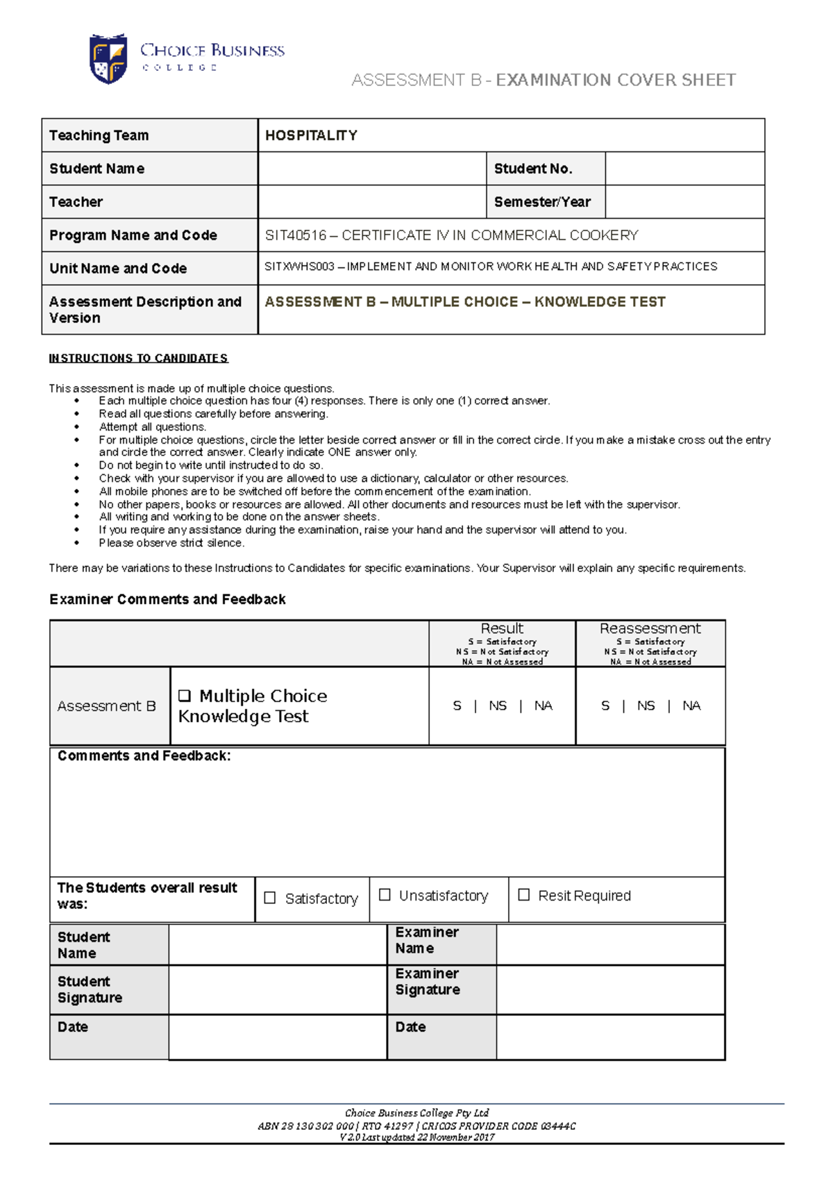 Assessment B - Knowledge Test - ASSESSMENT B - EXAMINATION COVER SHEET ...