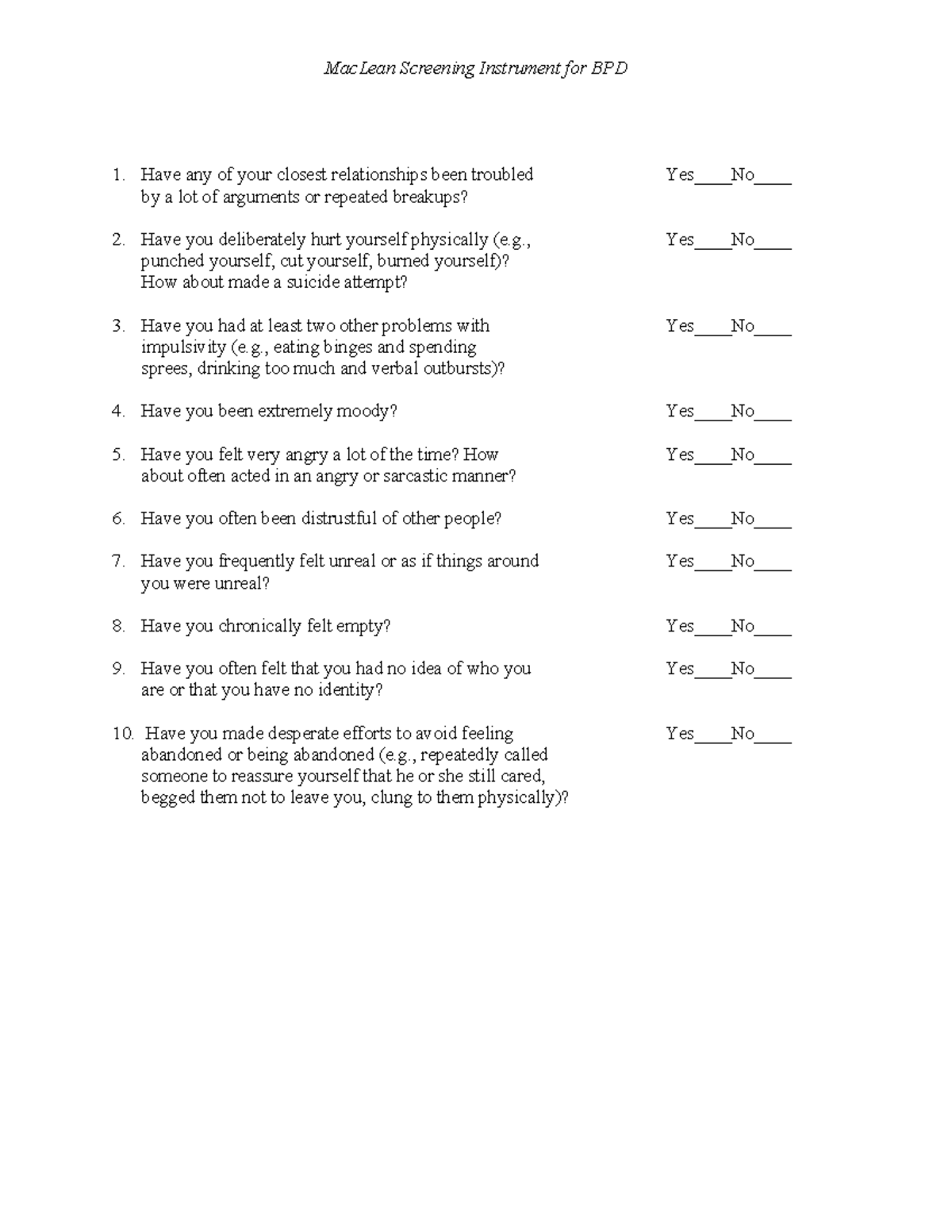 (MSI-BPD) Macclean Screen for Borderline Personality Disorder - MacLean ...