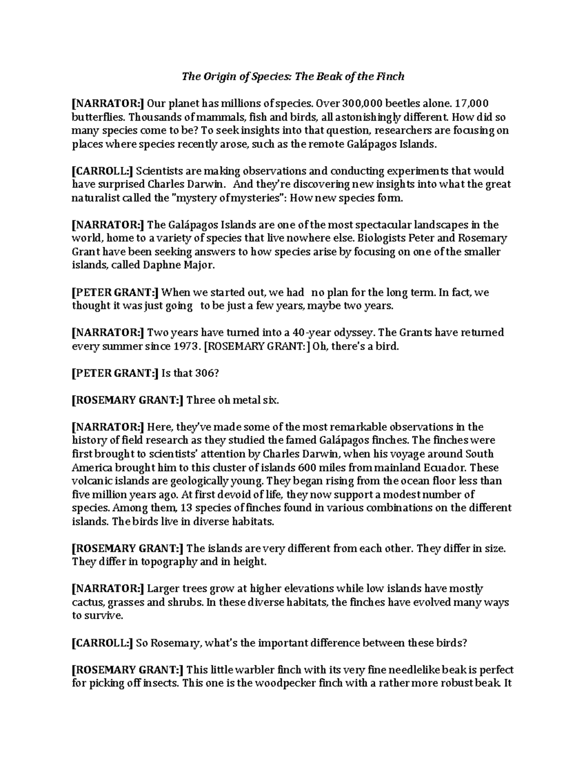 Beak of finch printable transcript - The Origin of Species: The Beak of ...