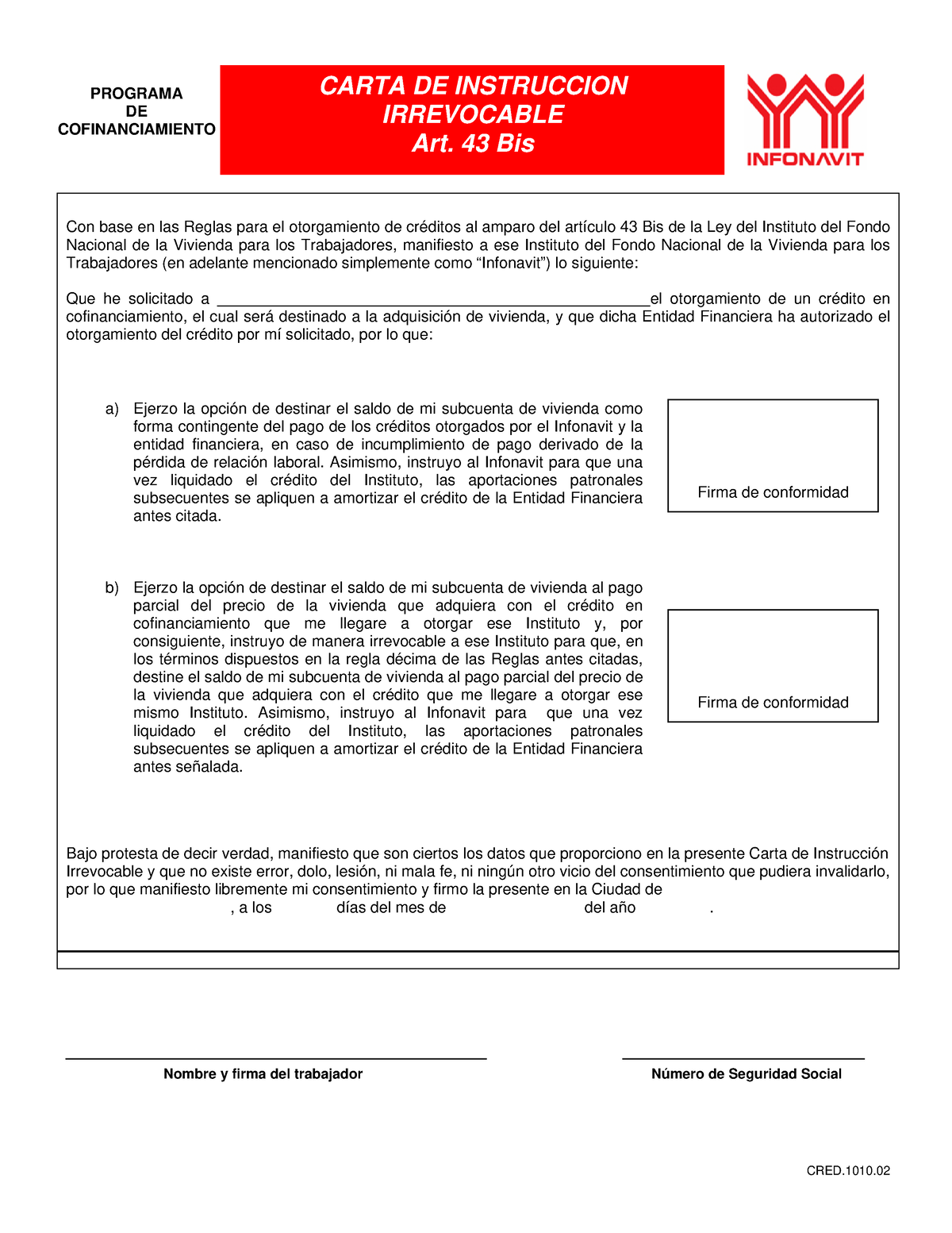 3 Carta Instruccion Irrevocable Infonavit Mar21 Cred Programa De Cofinanciamiento Con Base En 4578