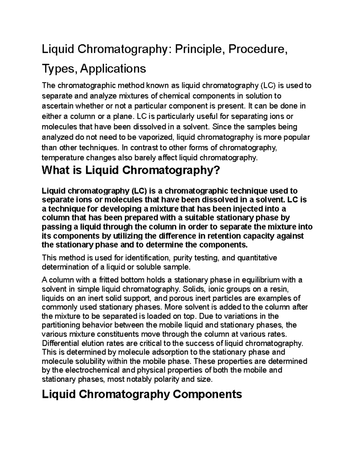 Liquid Chromatography Principle, Procedure, Types, Applications ...