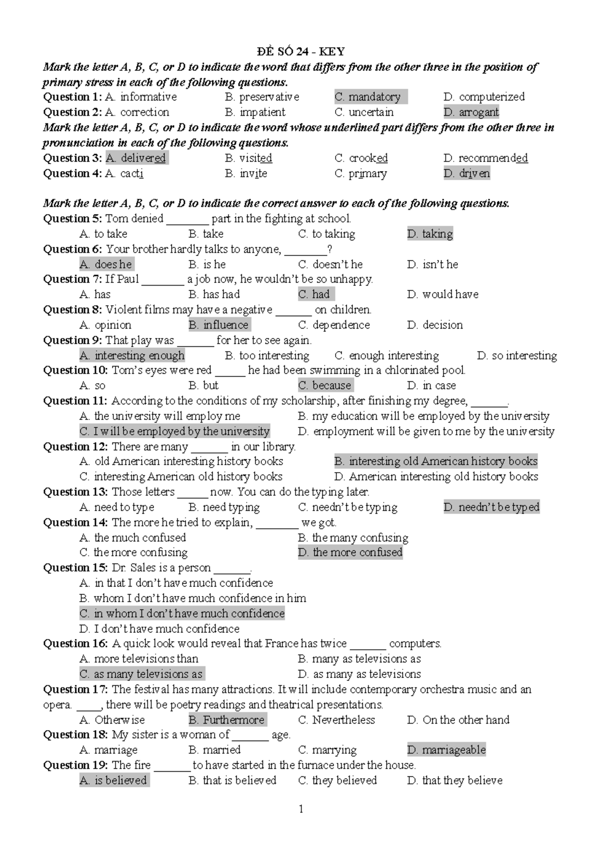 ĐỀ SỐ 24 - KEY - đề ôn tập - ĐỀ SỐ 24 - KEY Mark the letter A, B, C, or ...