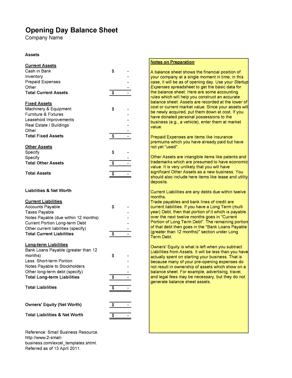 Appendix B - Balance Sheet - Opening Day Balance Sheet Company Name ...