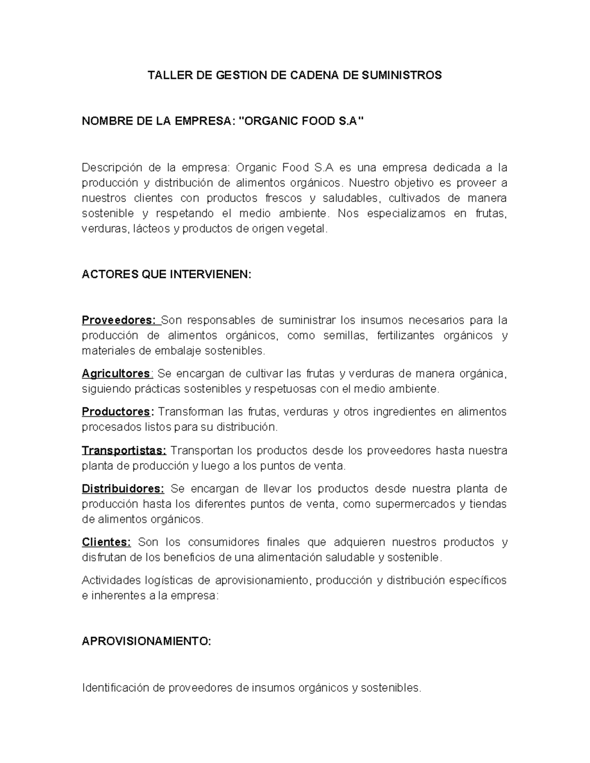 1. Taller de gestion de cadena de suministro Organic Food - TALLER DE ...