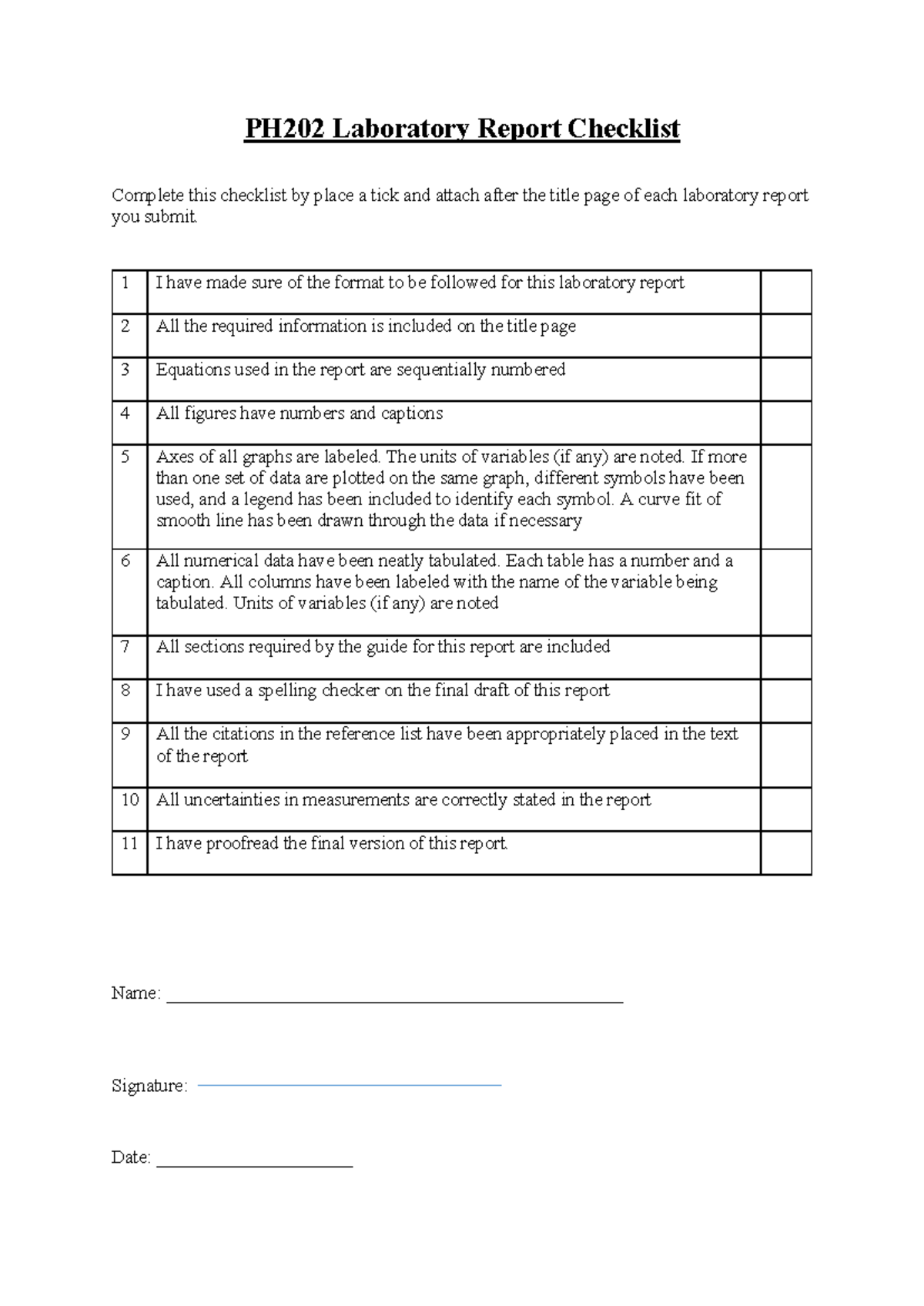 Laboratory Report Checklist - PH202 Laboratory Report Checklist ...