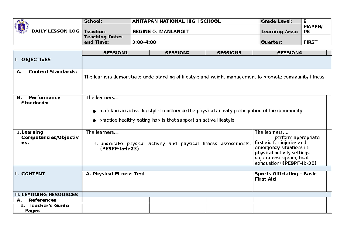 Mapeh DLL - DAILY LESSON LOG School: ANITAPAN NATIONAL HIGH SCHOOL ...