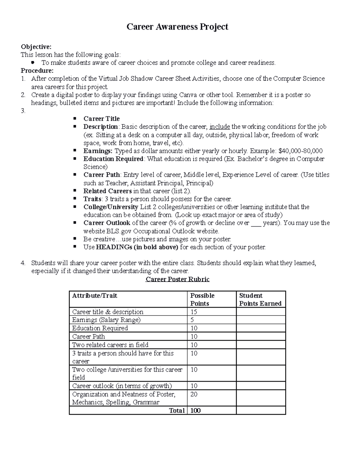 career assignment rubric