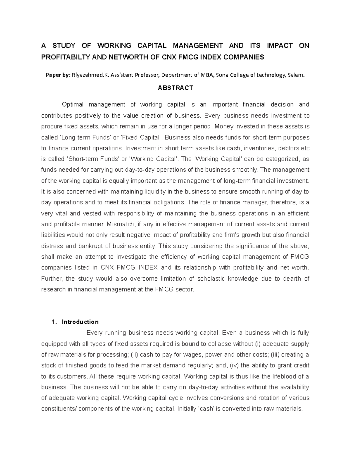 case study on working capital management with solution