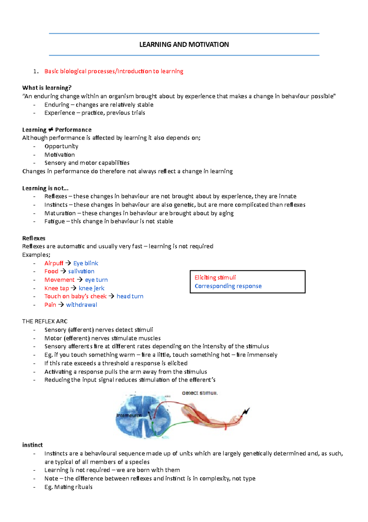 Lecture notes, lecture Learning and Motivation - Psycology 1002 ...