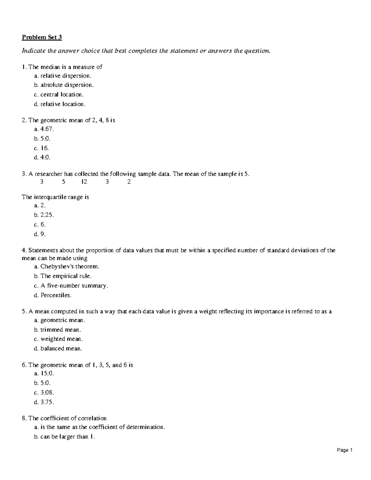 CH.3: Descriptive Statistics Numerical Measures Problem Set 3 - Problem ...