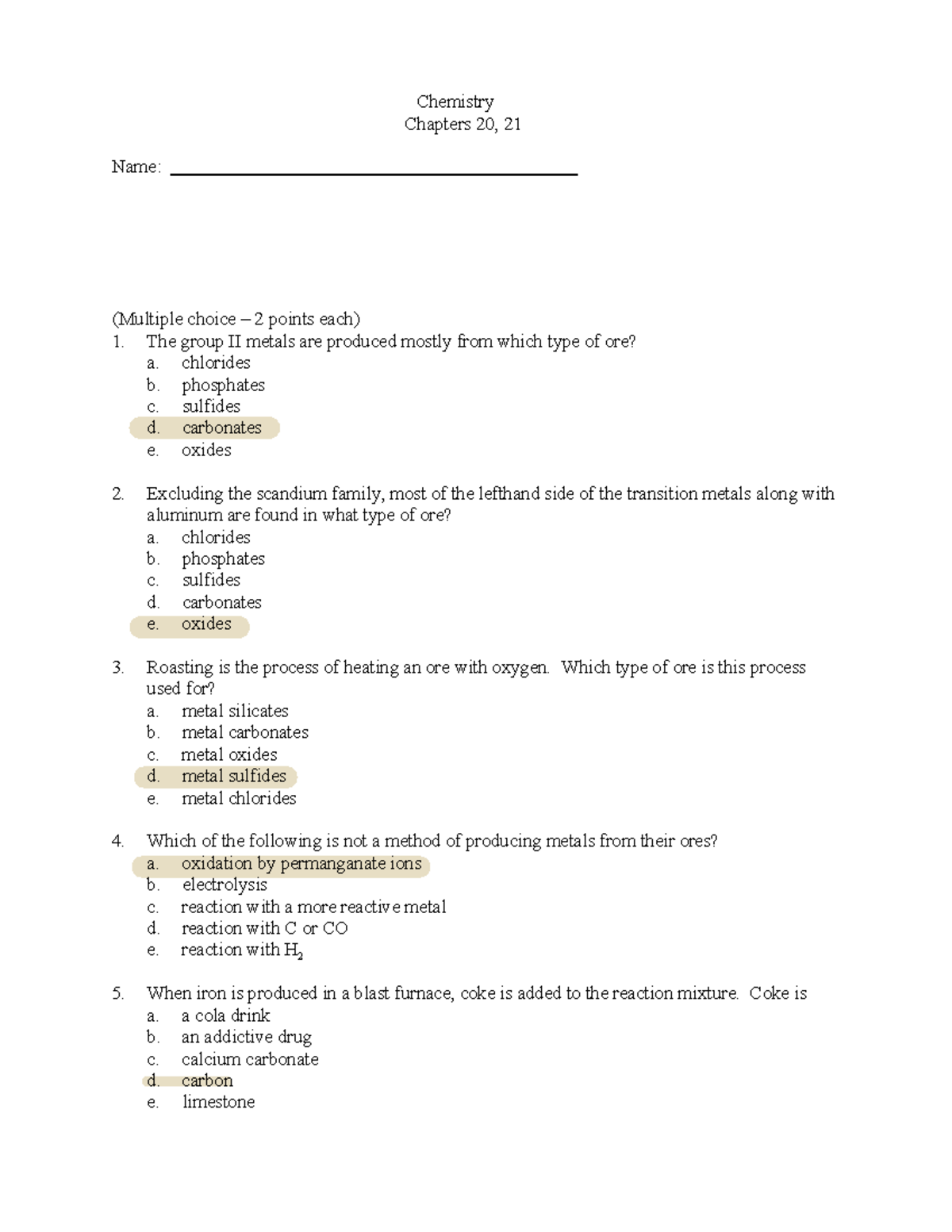 Practice Test Ch. 20-21 - General Chemistry – CHEM 152 Test – Chapters ...