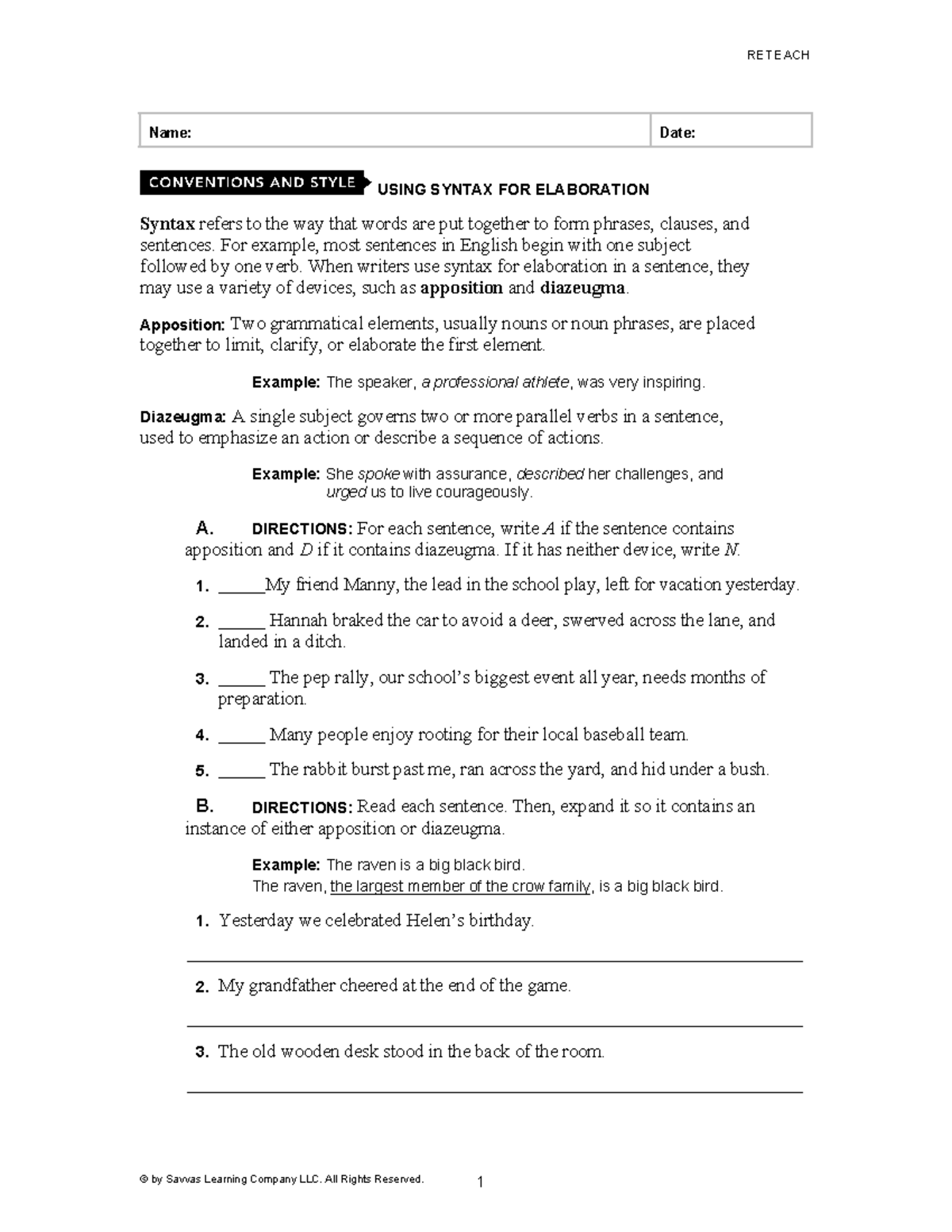 Syntax Remediation - HOMEWORK - RETEACH © by Savvas Learning Company ...