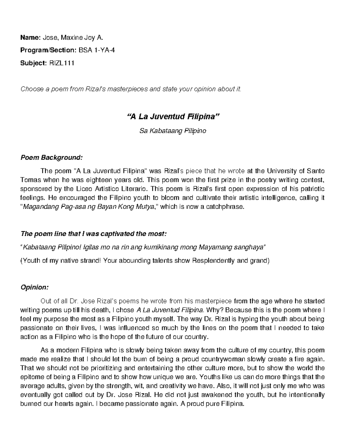 Rizal POEM - Name: Jose, Maxine Joy A. Program/Section: BSA 1-YA ...
