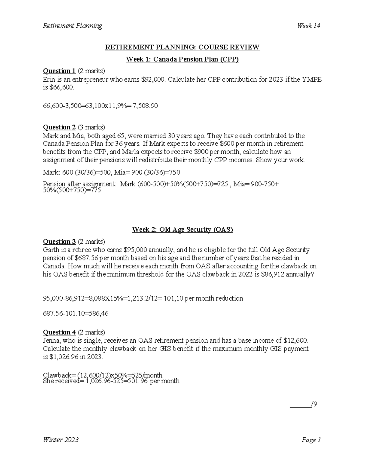 RET - Week 14 Course Review Questions (W23) - RETIREMENT PLANNING ...
