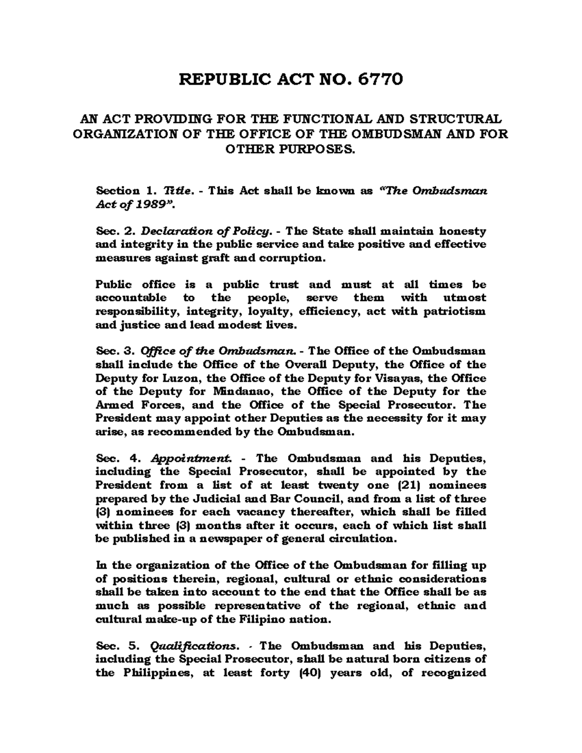 Philippines Ombudsman Act 1989 - REPUBLIC ACT NO. 6770 AN ACT PROVIDING ...