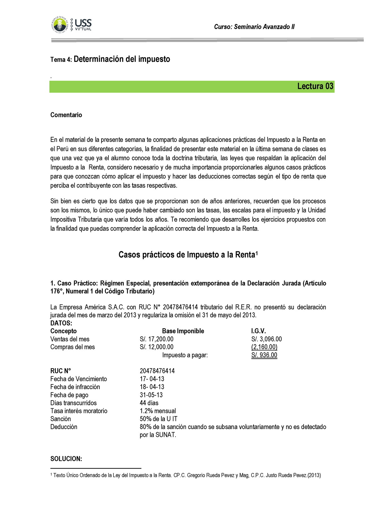 Casos Prácticos De Impuesto A La Renta Tema 4 Determinación Del Impuesto Lectura 03 3306