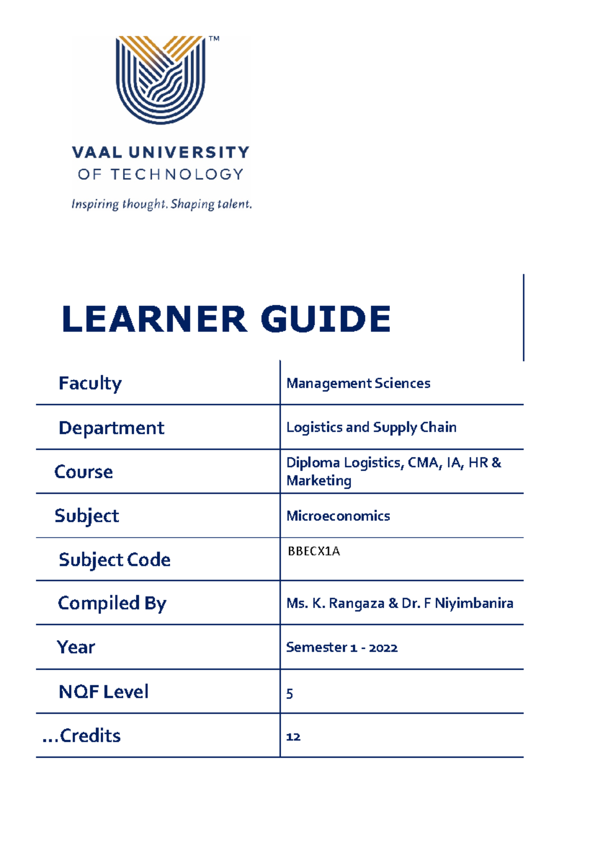 Learner Guide Microeconomics 2022 (1) - LEARNER GUIDE Faculty ...
