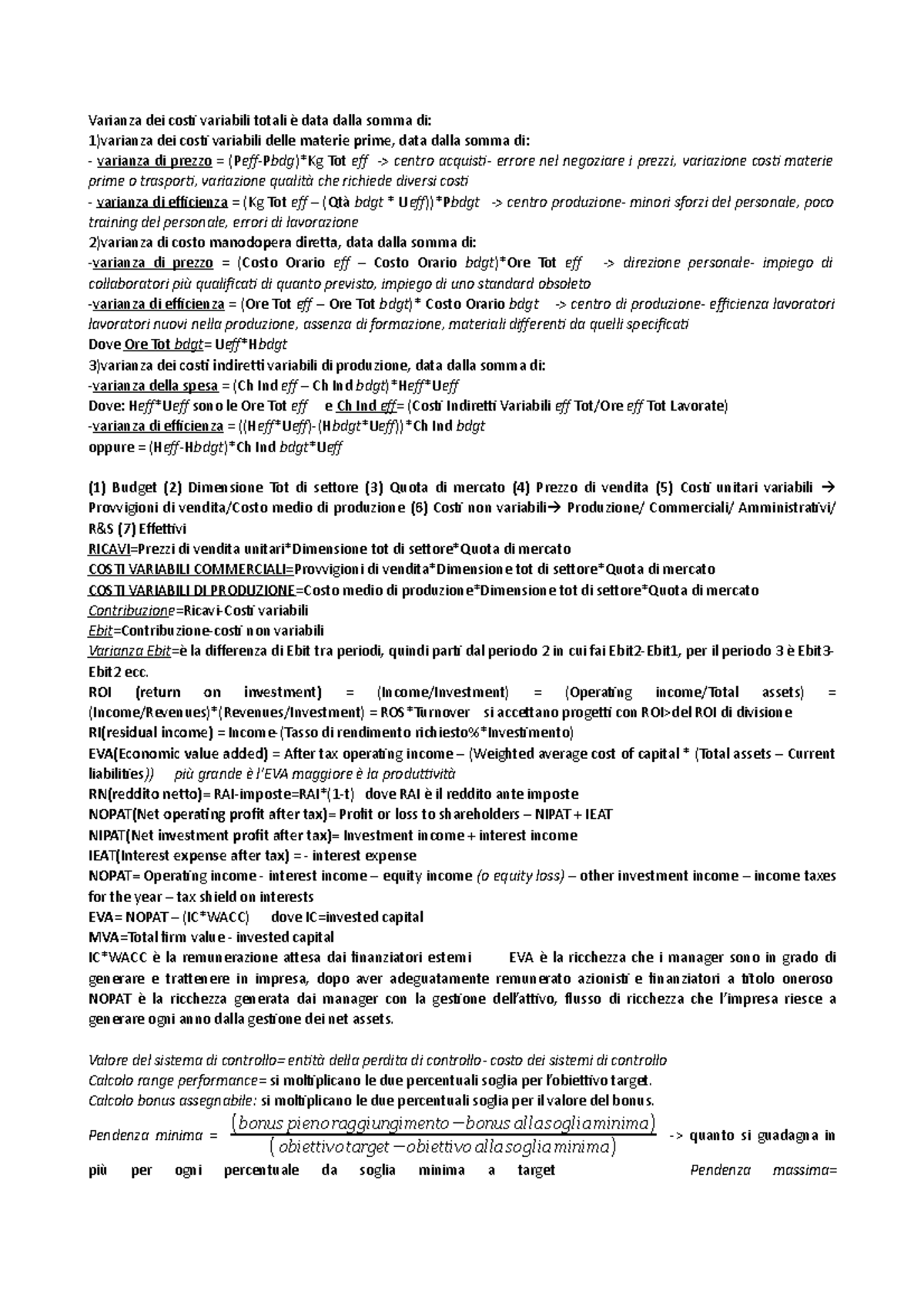 riassunti e formule di controllo di gestione - Varianza dei costi ...