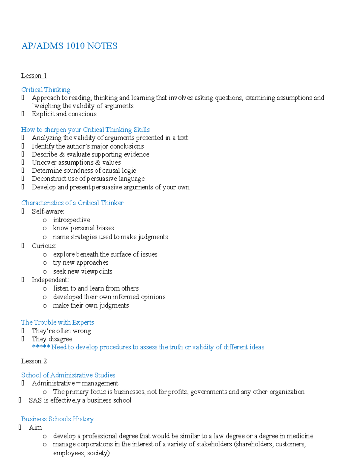 Adms 1010 Notes - AP/ADMS 1010 NOTES Lesson 1 Critical Thinking ...