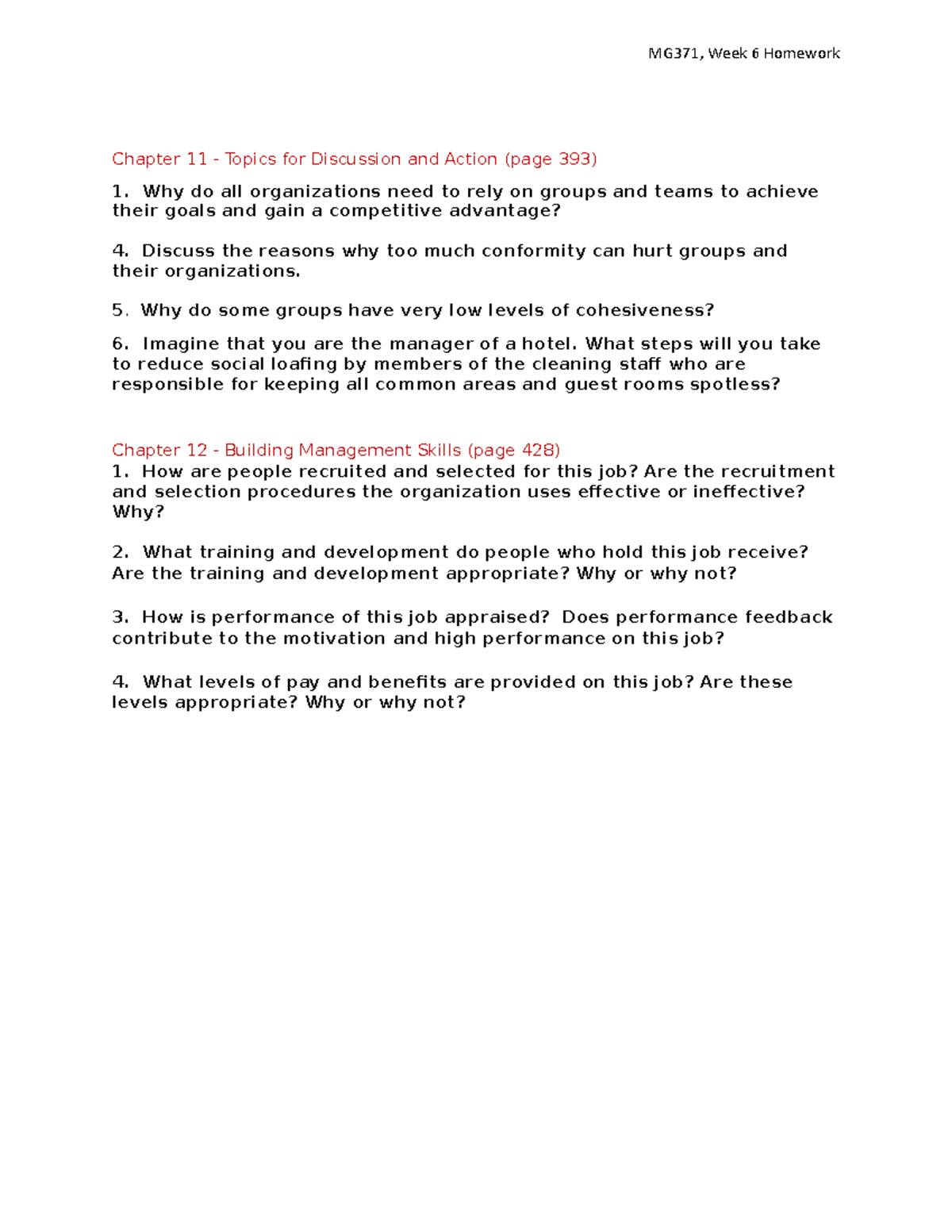 Homework Questions Week 6 Ch11&12 - MG371, Week 6 Homework Chapter 11 ...
