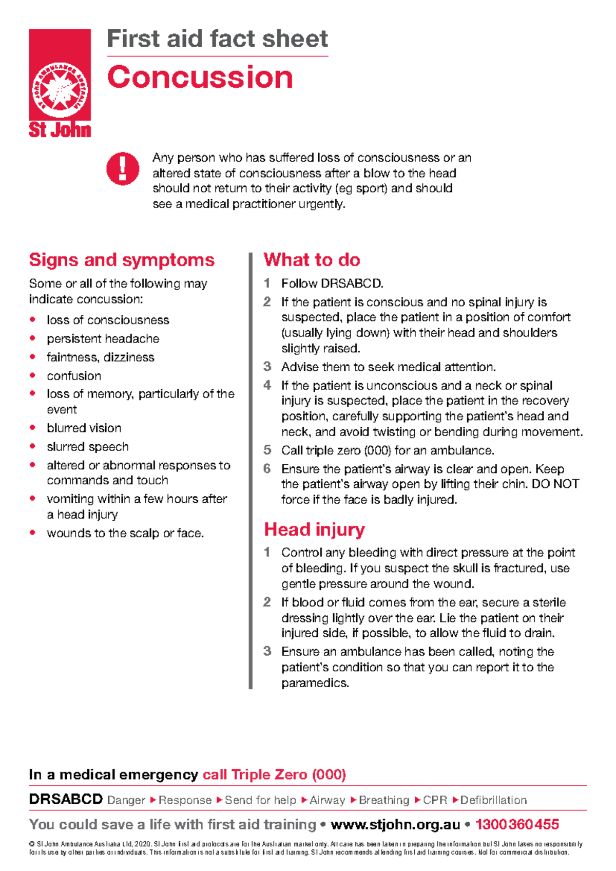 Fact Sheets Concussion First Aid Fact Sheet In A Medical Emergency