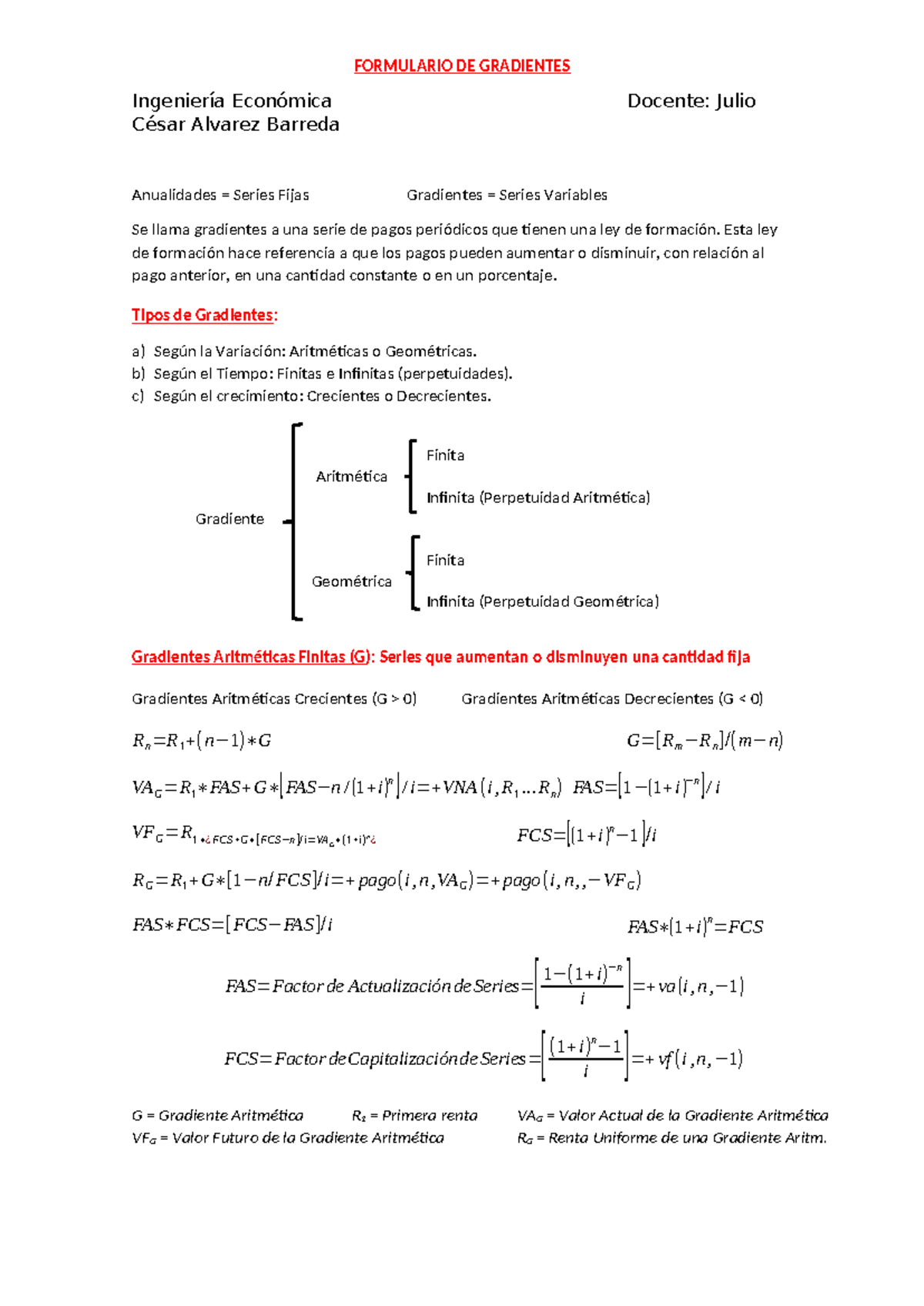 Formula gradiente - economia - FORMULARIO DE GRADIENTES Ingeniería ...