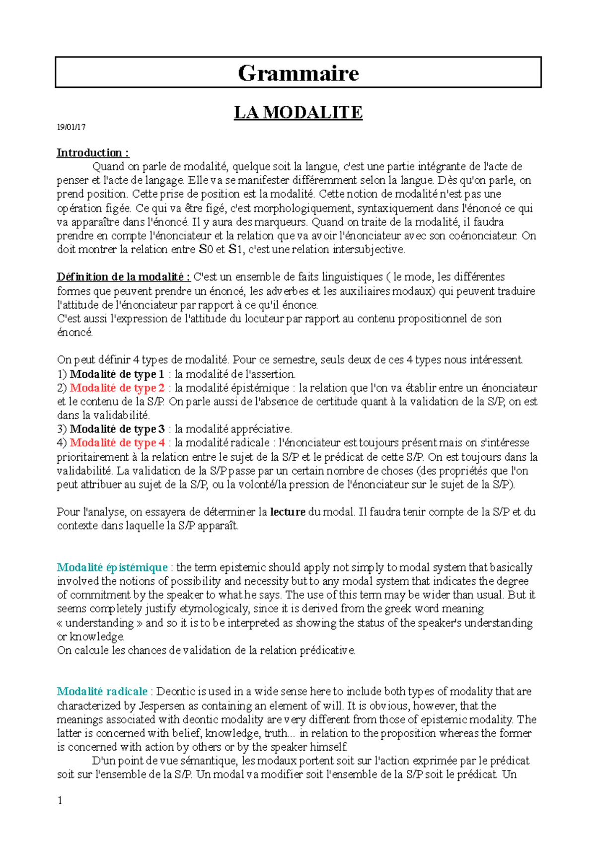 CM-Grammaire - Grammaire LA MODALITE 19/01/ Introduction : Quand on ...