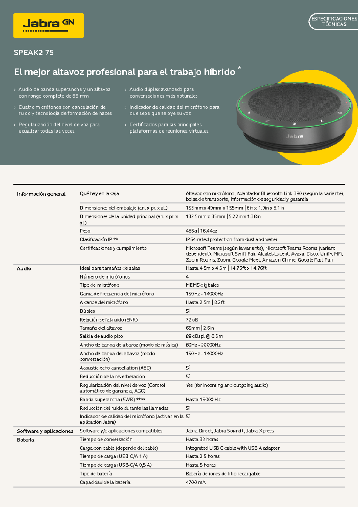 ES Jabra Speak 2 75 Techsheet A4 080223 Web - Información general Qué ...