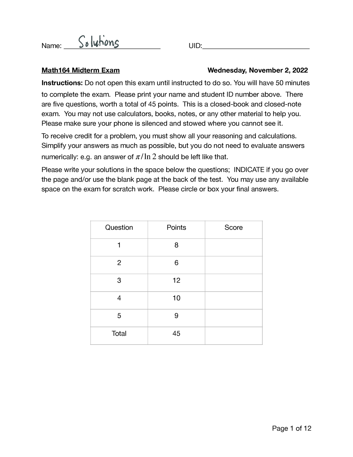 Math164 Midterm Exam 2022 Solutions - Name ...