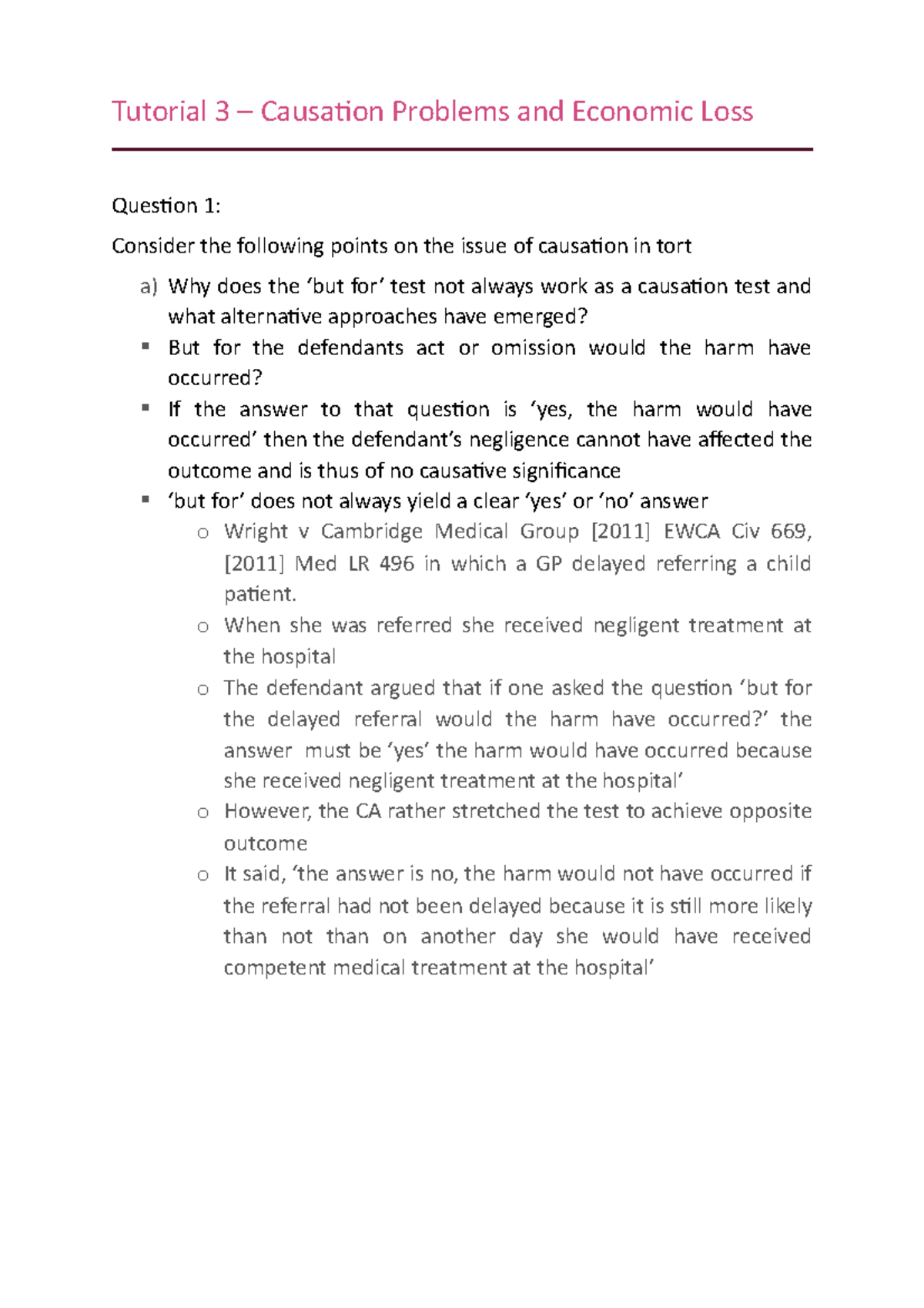 Tutorial 3 - economic loss - Tutorial 3 – Causation Problems and