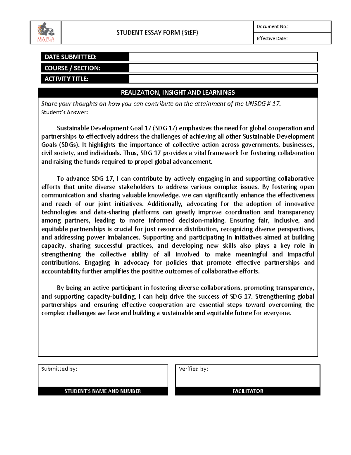 Cwts - essay - STUDENT ESSAY FORM (StEF) Document No.: Effective Date ...