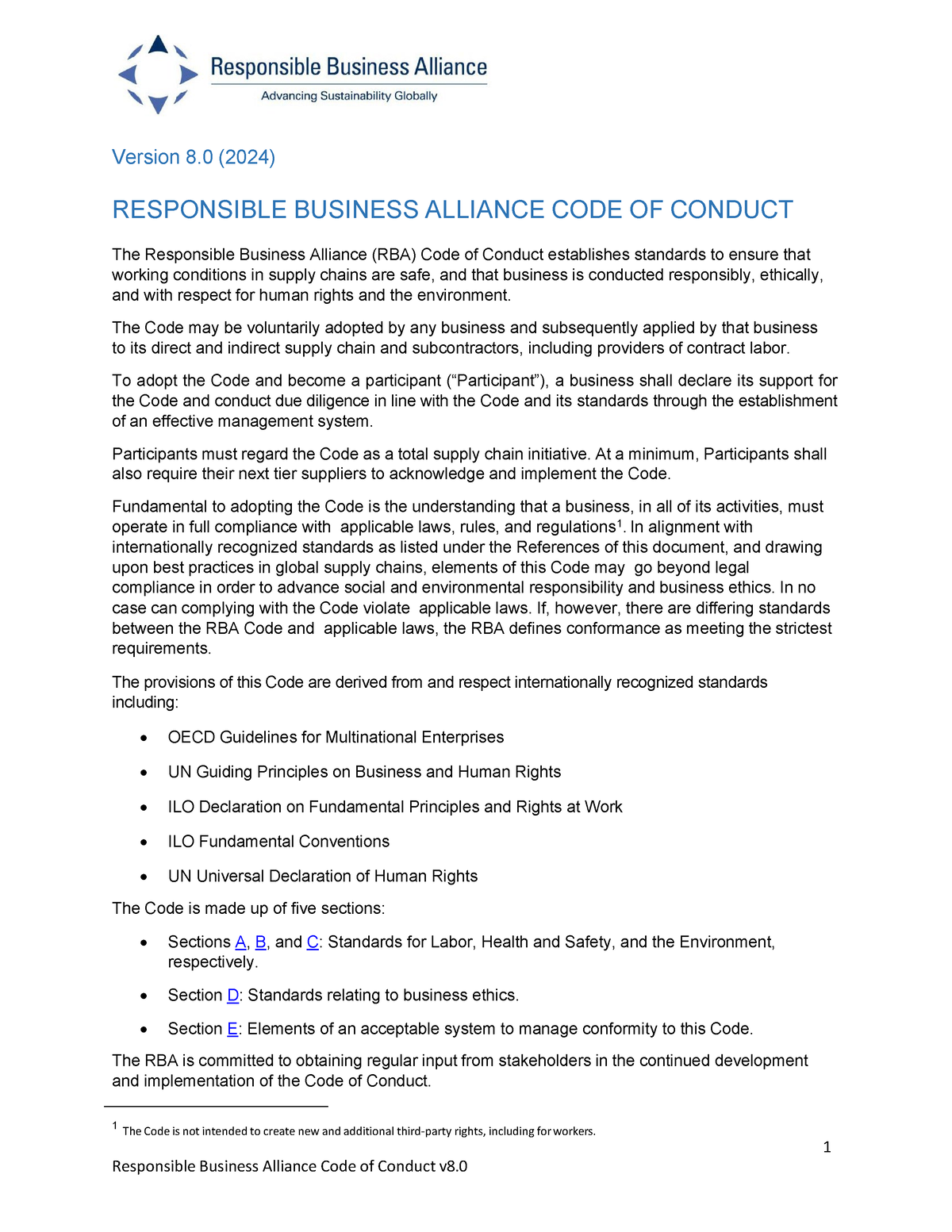 RBA Code Of Conduct V8 - 1 Version 8 (2024) RESPONSIBLE BUSINESS ...