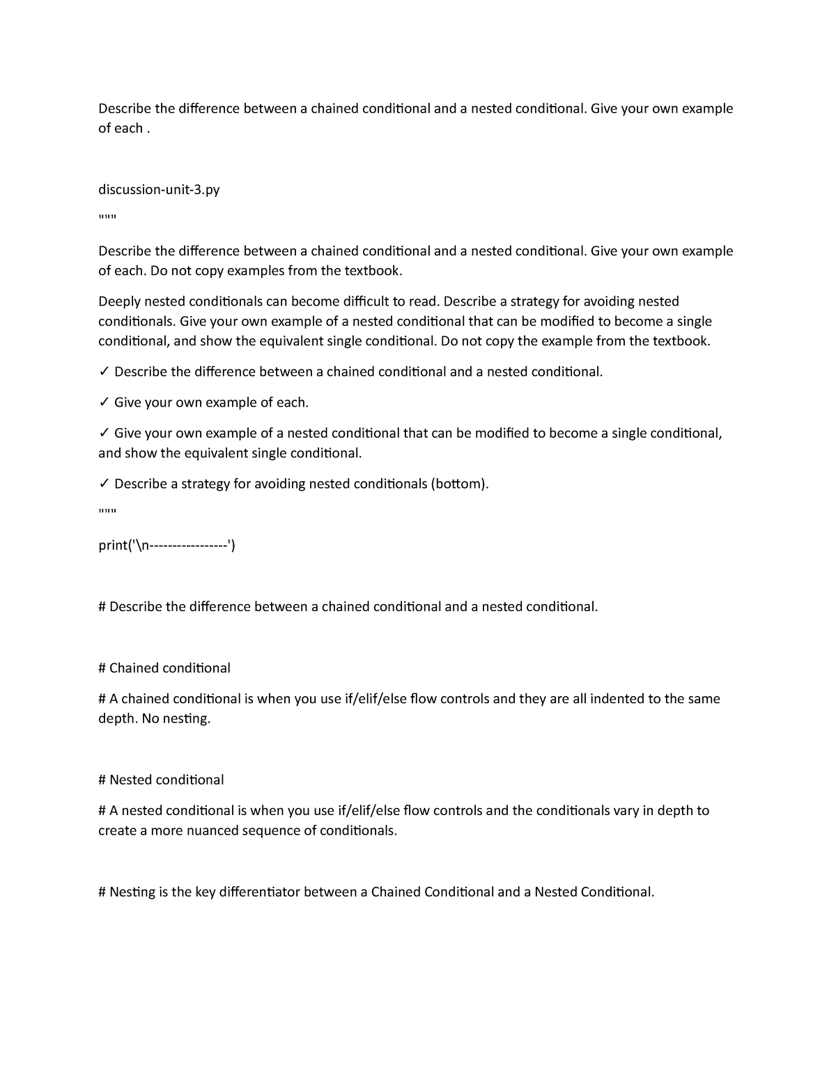 Nested - Describe the difference between a chained conditional and a ...