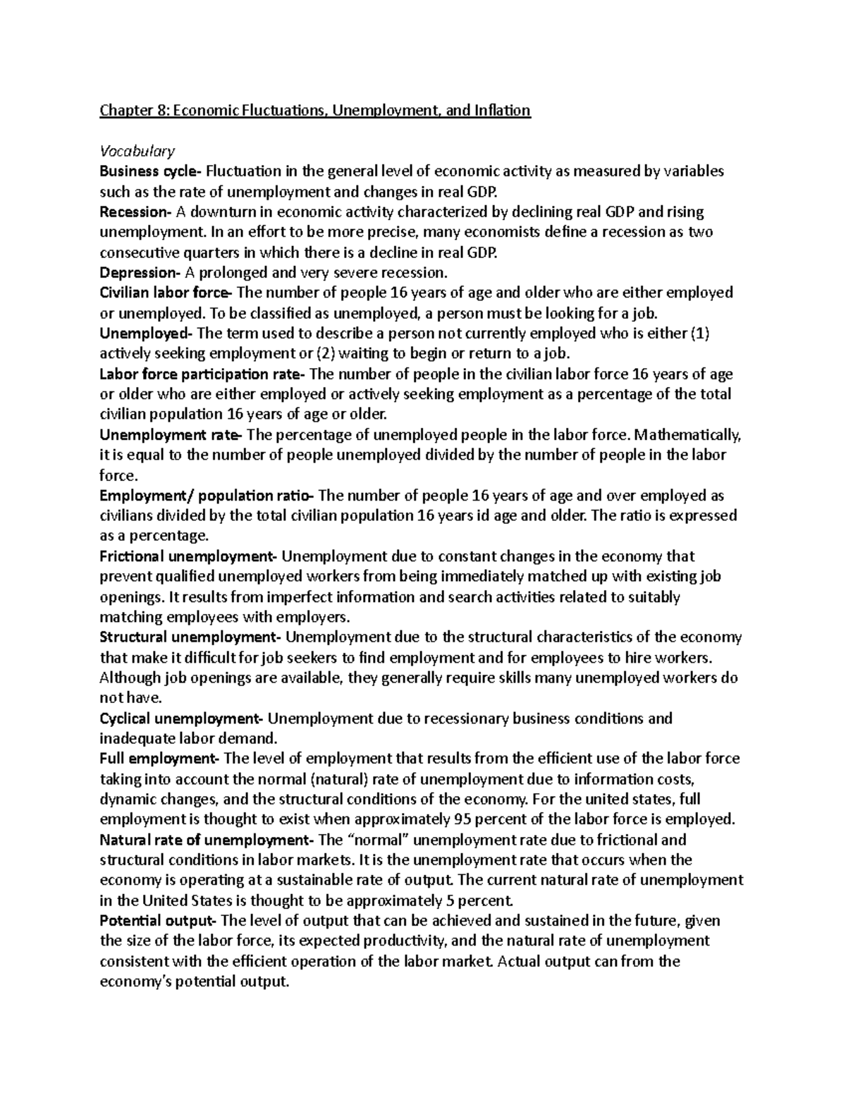 Chapter 8 Study Guide - Lecture notes 19-22 - Chapter 8: Economic ...