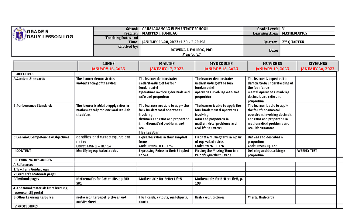 DLL Mathematics 5 Q2 W9 - LOVE - GRADE 5 DAILY LESSON LOG School ...