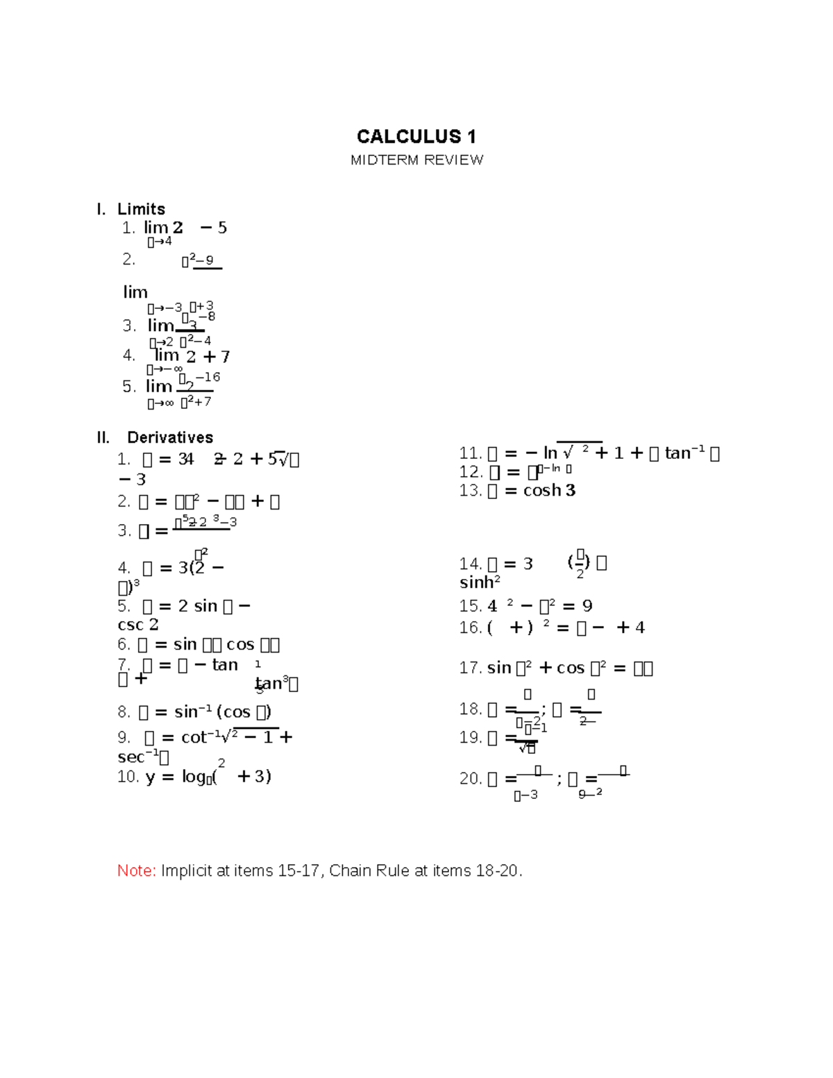 Calculus 1 - Lecture notes 1-7 - CALCULUS 1 MIDTERM REVIEW I. Limits 1 ...